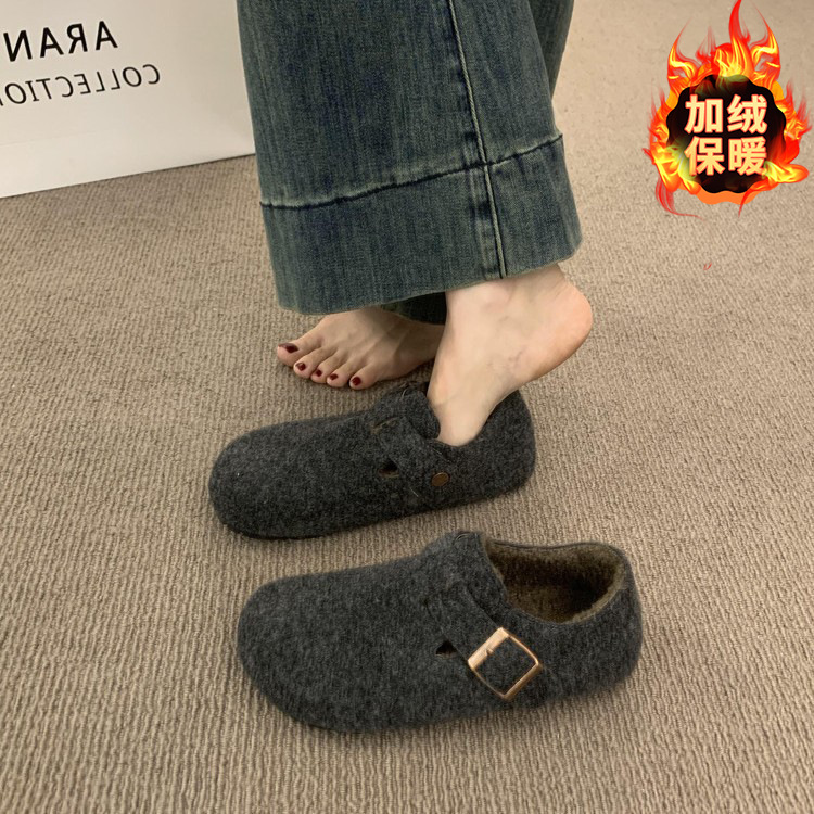 复古圆头毛毡加绒勃肯鞋女加绒秋冬季一脚蹬保暖棉瓢鞋毛呢乐福鞋