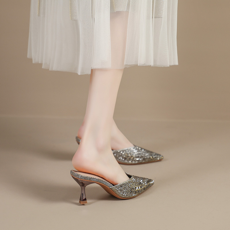 2026 nueva red de verano infrarroja con zapatillas de talón alto de diamante, zapatillas de cabeza de punta de mujer, zapatillas de media cabeza de paquete image 8