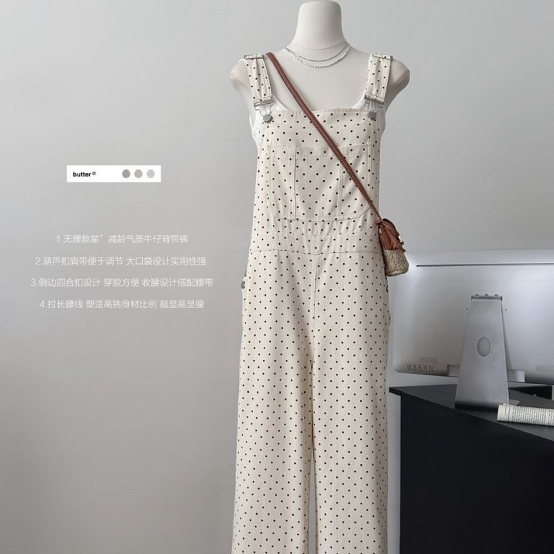 韩系波点牛仔背带裤女新款小个子减龄宽松显瘦连体阔腿裤|undefined