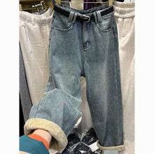 加绒牛仔裤女冬季保暖梨形身材大码高腰宽松显瘦流行复古哈伦裤子