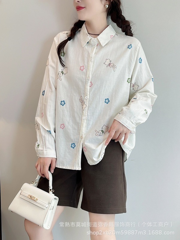 面纱卡通印花衬衫女秋季2025新款百搭棉卡通扣减龄甜美上衣|undefined