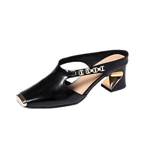 Metálico de hierro de verano nuevo tipo de zapatillas de cabeza cuadrada y media zapatillas de mujer de talón medio casual zapatillas de cabeza de taco alto