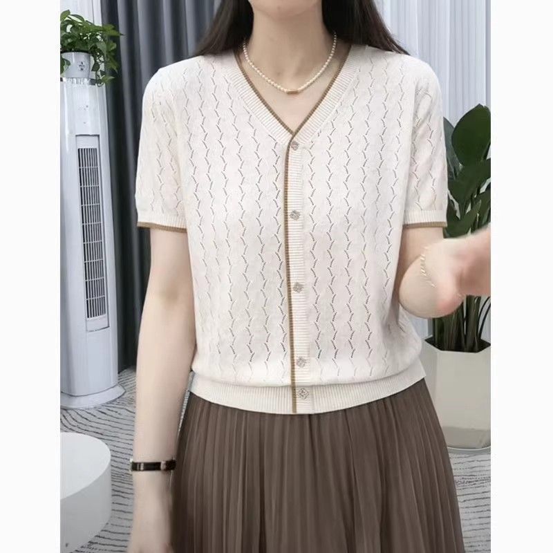サマーカウンター半袖本物の新しい2025ニットセーターファッショナブルなルーズTシャツ薄手のトップオフホワイト|undefined