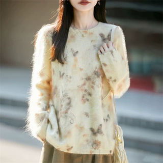 温柔风无缝拉绒羊毛衫女圆领印花针织毛衣宽松慵懒长袖上衣针织衫