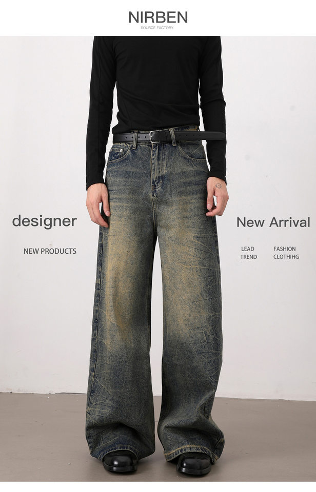 Quần jeans nam dáng rộng ống suông phong cách retro Mỹ, râu mèo xanh, giặt mài làm cũ — Xanh cổ điển chi tiết 3