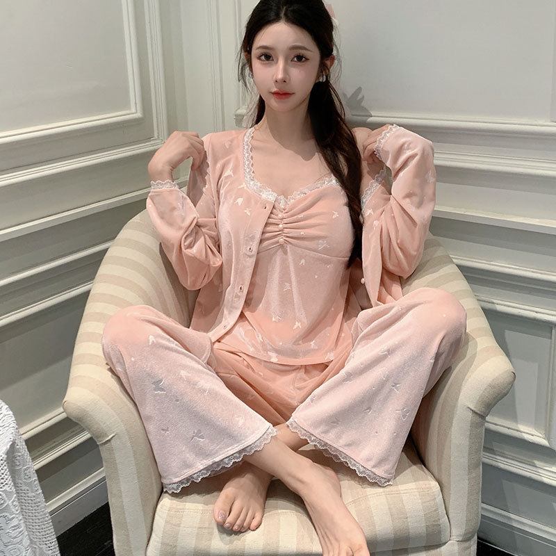 2024 autumn and winter new gold velvet pajamas women's suspenders three-piece set fairy style thin home clothes can be worn outside 2024 autumn and winter new gold velvet pajamas women's suspenders three-piece set fairy style thin home clothes can be worn outside