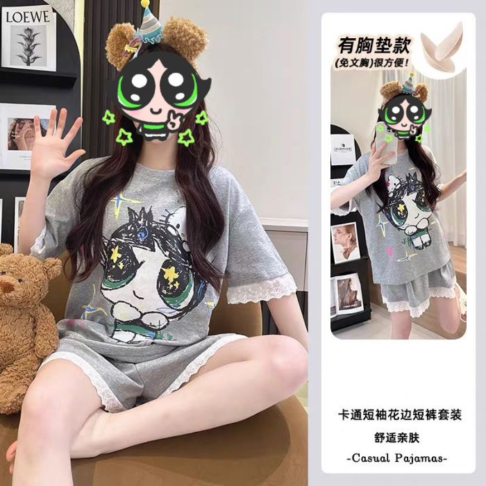 Venta al por mayor transfronteriza de pijamas con almohadillas para el pecho para mujeres pantalones cortos de manga corta de verano costura de encaje lindo traje de servicio a domicilio coreano de imitación de algodón