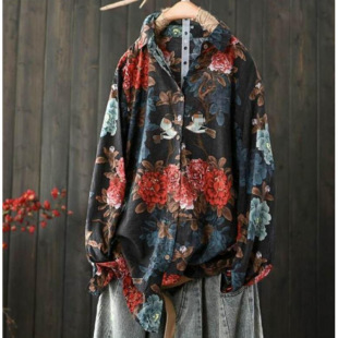 Cotton and Linen Printed Floral Long-sleeved Shirt Women's Top Spring and Autumn Loose Slimming Retro Artistic Hong Kong Style Shirt Fashionable Lapel