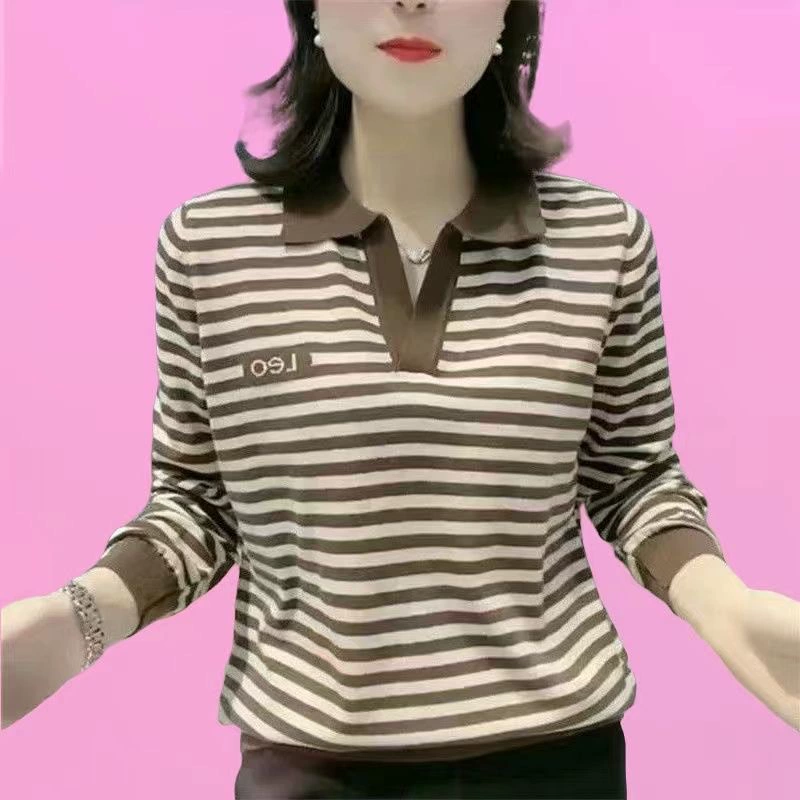 Новый стиль с длинными рукавами топ с отворотом футболка женская мода дикие рубашки большой размер мама среднего возраста весна и осень поло рубашка женщина
