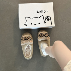 可爱卡通小熊绒面拼接女生毛毛拖鞋秋冬季时尚防滑增高厚底棉拖鞋