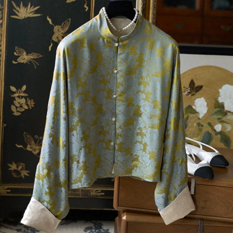 Abbigliamento da donna molto elegante N merci floreale jacquard giada bottone colletto alto seta elegante giacca chic_voghion.com