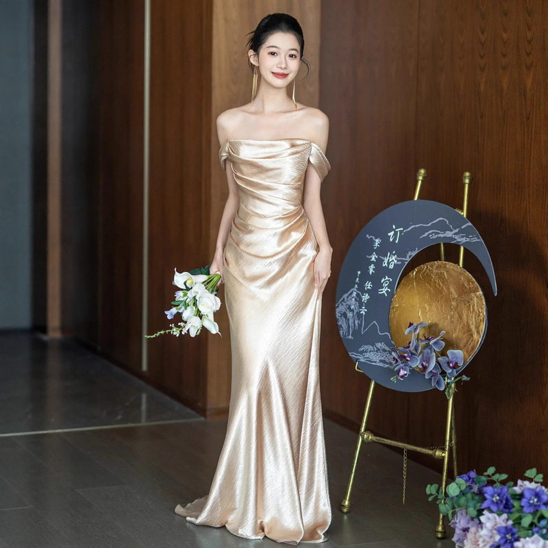 Champagne-Colored Strapless Gown for Toast, High-End Luxury Niche Engagement Wedding Morning Robe, Banquet Host Evening Dress