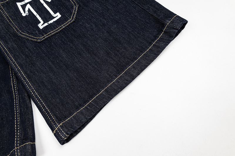 Unisex Vintage American Style Denim Capri Pants With Multi-Pockets, Relaxed Fit Straight Leg Wide Cuff For Summer_viptrois.com