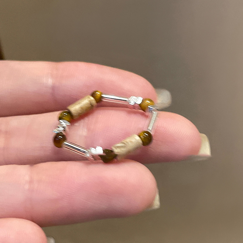 Tiger Eye Fragment Silver Stone Beaded Ethnic Style Elegant Index Finger Niche Design Sense Ring_voghion.com