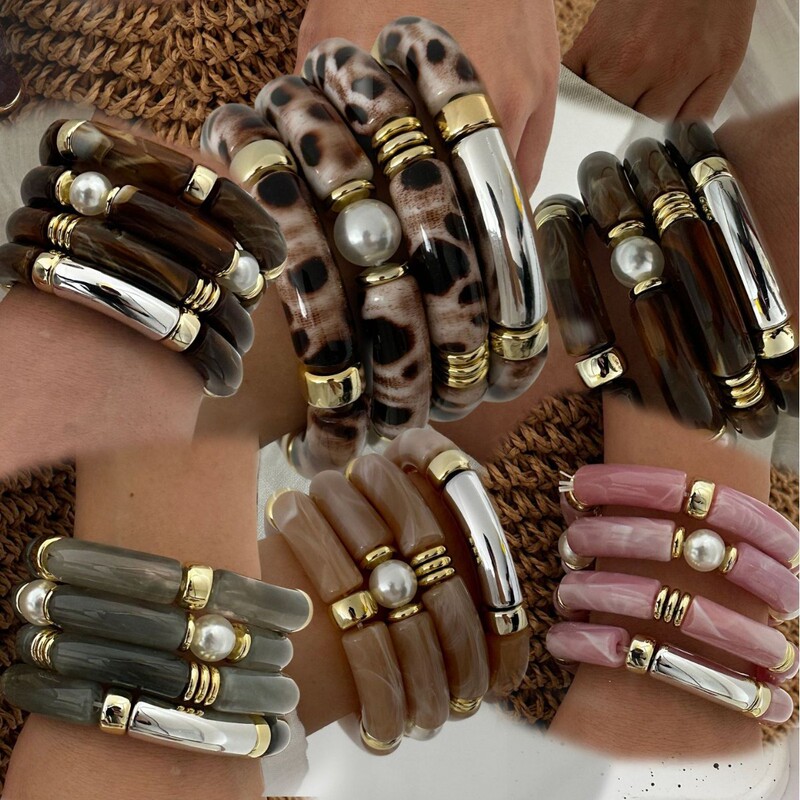 European and American Fashion Stylish Acrylic Elbow Elastic Bracelet Maillard Retro Multi-Color Elastic Bracelet Set European and American Fashion Stylish Acrylic Elbow Elastic Bracelet Maillard Retro Multi-Color Elastic Bracelet Set