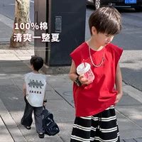 Детский летний хлопковый жилет Elmo Beibei 2025 года с мультяшным принтом и необработанными краями, свободный детский топ без рукавов среднего и большого размера с надписью