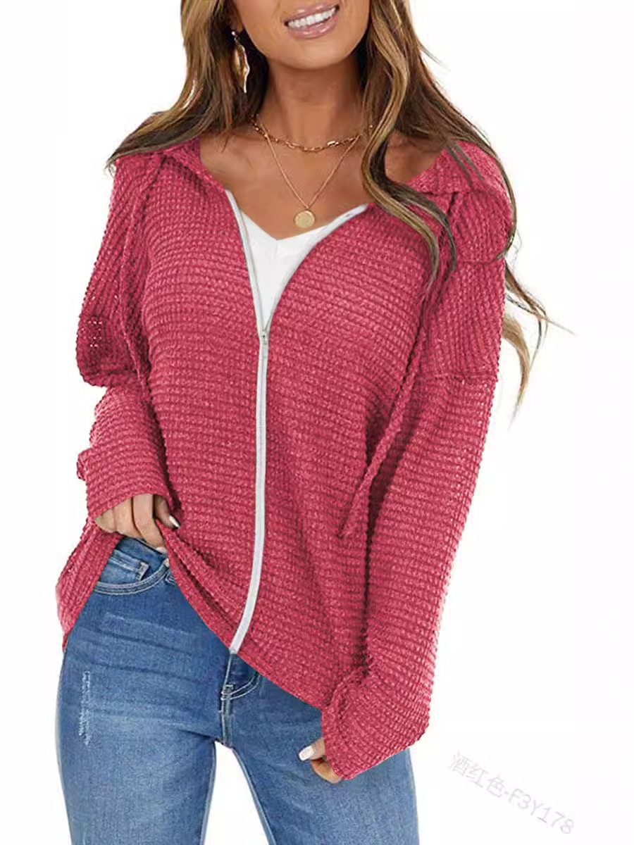 Europa y América transfronteriza nueva ropa de mujer moda de verano color sólido con capucha suéter con cordón manga larga cremallera piña Plaid abrigo de mujer