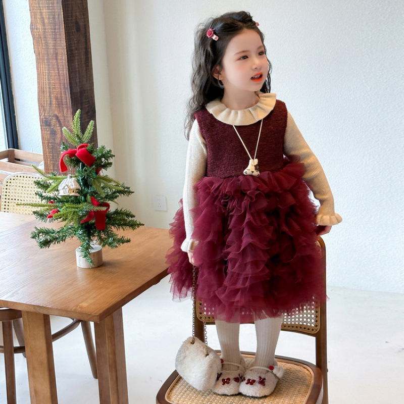 女童裙子套装秋冬款2025女宝宝加绒冬季红色蛋糕裙儿童毛衣背心裙