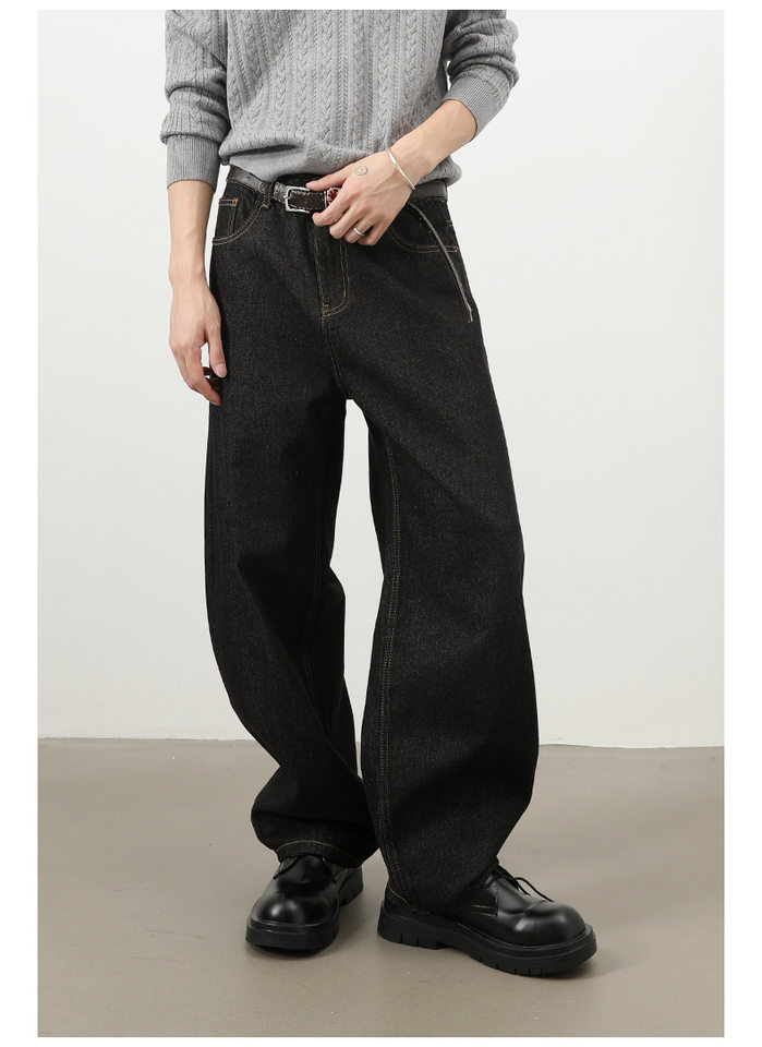 Quần jeans nam ống rộng dáng suông phong cách Mỹ, jean bò nguyên bản, lưng giữa, túi khóa kéo — Denim đen, Trắng, lâu, màu xanh chi tiết 12