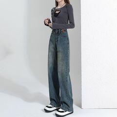 レトロトレンディな多用途ハイウエストワイドレッグジーンズ女性用 2025 新しい小柄なルーズレトロストレートジーンズ