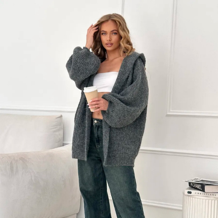 Russian Cross-Border European and American Autumn and Winter Hooded Knitted Cardigan for Women, Loose and Lazy Style with Lantern Sleeves, Thick Ribbed Sweater Coat