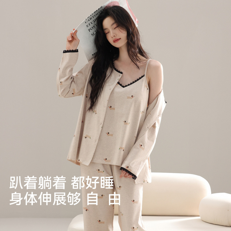 Spring and Autumn New Three-Piece Pajama Set for Women, with Camisole, Chest Pads, Pure Cotton Long-Sleeve Cardigan, Home Wear, Suitable for Outdoor Wear, Plus Size Set Spring and Autumn New Three-Piece Pajama Set for Women, with Camisole, Chest Pads, Pure Cotton Long-Sleeve Cardigan, Home Wear, Suitable for Outdoor Wear, Plus Size Set