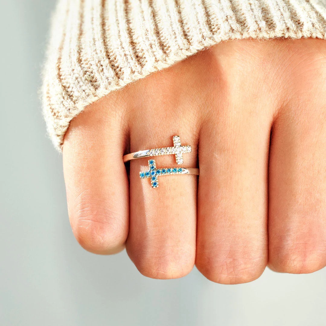 Adjustable Ring Size 1 Piece Quantity Daily Occasion 925 Sterling Silver Zircon Cross Open Rings