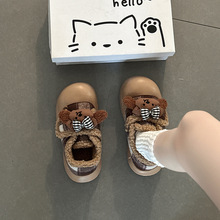 时尚蝴蝶结厚底保暖女生棉鞋秋冬季卡通小熊复古格纹毛毛鞋雪地靴