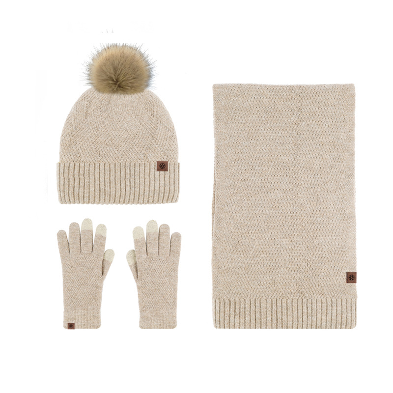 New Solid Color Wool Warm Hat Scarf Glove 3-piece Set Anti Cold Wool Ball And Velvet Knitted Set Women's Christmas Gift_voghion.com