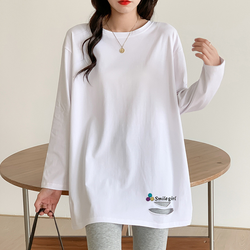 White T-shirt Long-sleeved Women's Spring and Autumn Cotton New Mid-length Loose plus size Western-style Base Shirt with Hole