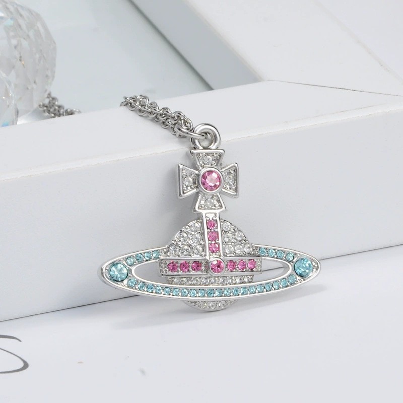 Kika Series Full Diamond Colorful Diamond Large Logo Saturn Necklace for Women Simple Versatile Platinum-Plated Titanium Steel Chain