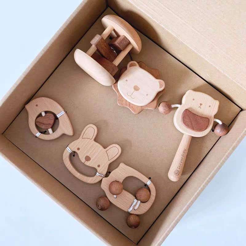 Wooden Educational Toy Beech Unpainted Montessori Toy Infant Molar Solid Wood Rattle Set