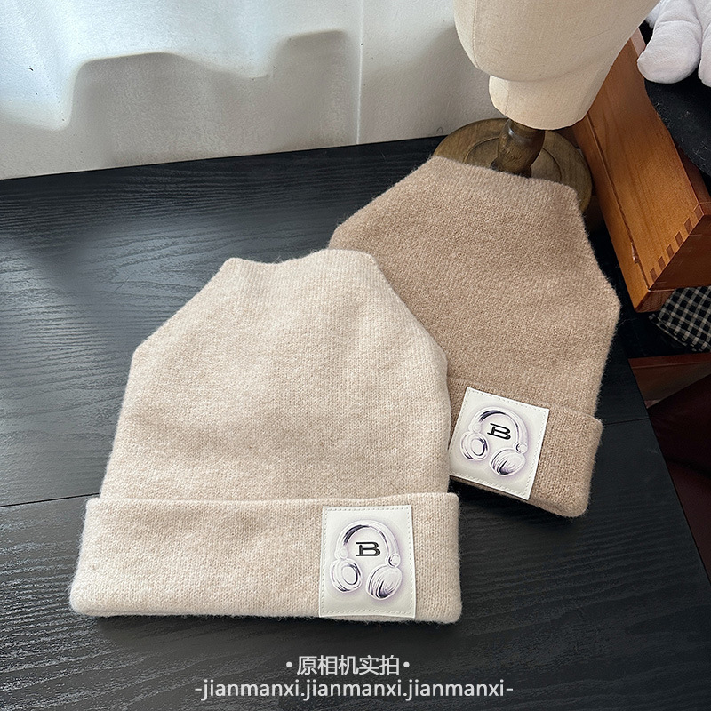 多色新款耳机贴布针织帽秋冬保暖日常百搭大头围宽松堆堆帽冷帽女|undefined