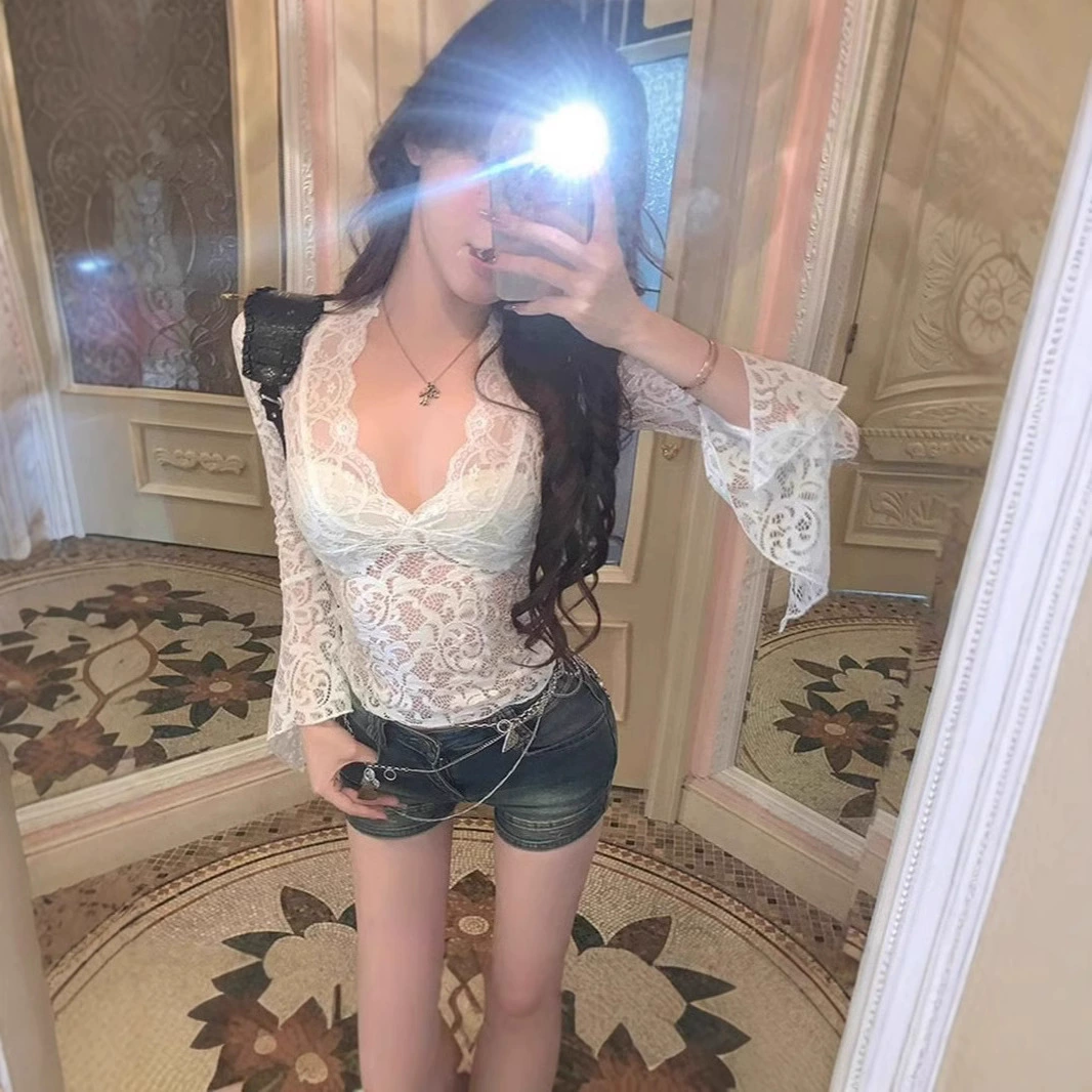 Кружевное сексуальное базовое bodysuit с длинным рукавом, европейский стиль, V-образный вырез
