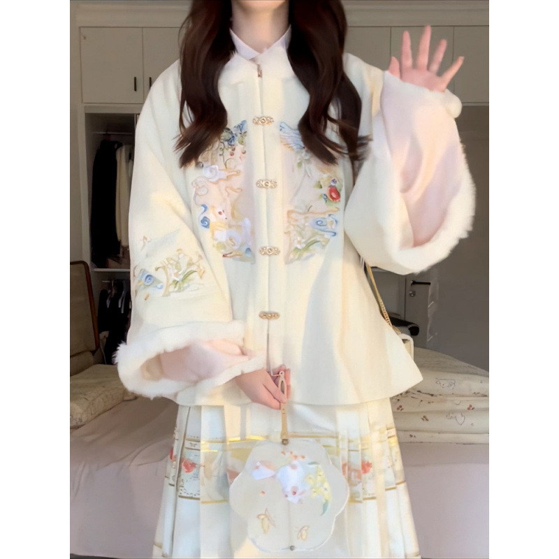 가을과 겨울 2023 새로운 예술적 젠틀 레트로 중국 스타일 스퀘어 입 목 한 요소 개선 된 한후 두꺼운 재킷