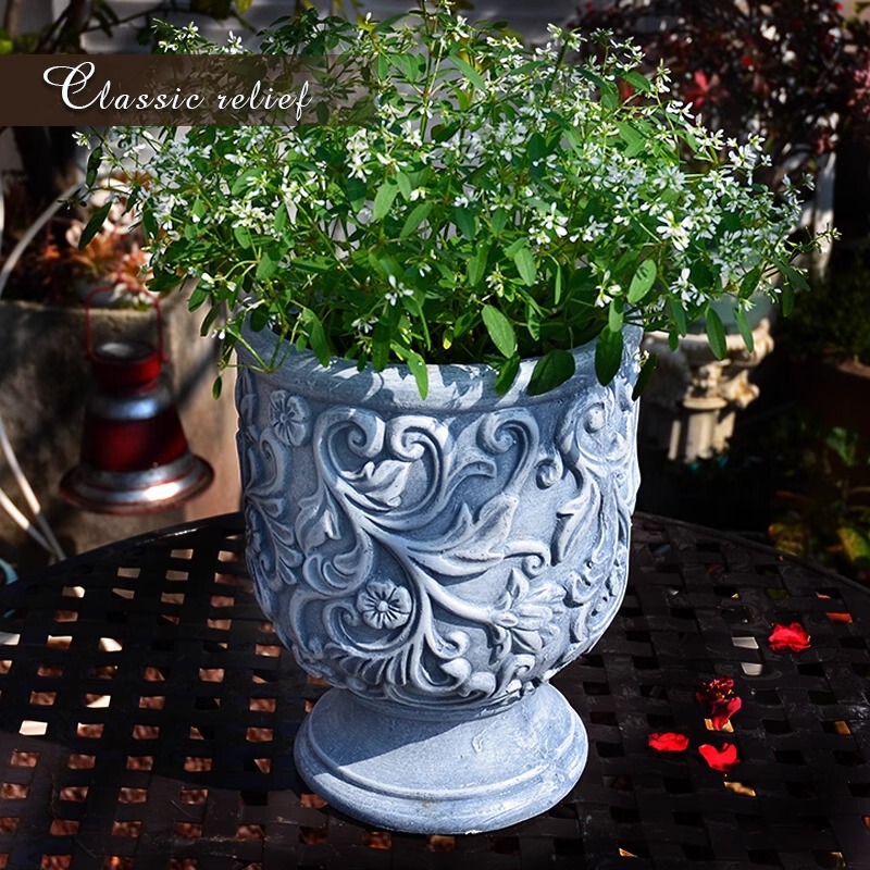 Stone-like flower pot European-style simple magnesium oxide gray black embossed small flower pot French retro flower pot decorative flower basin