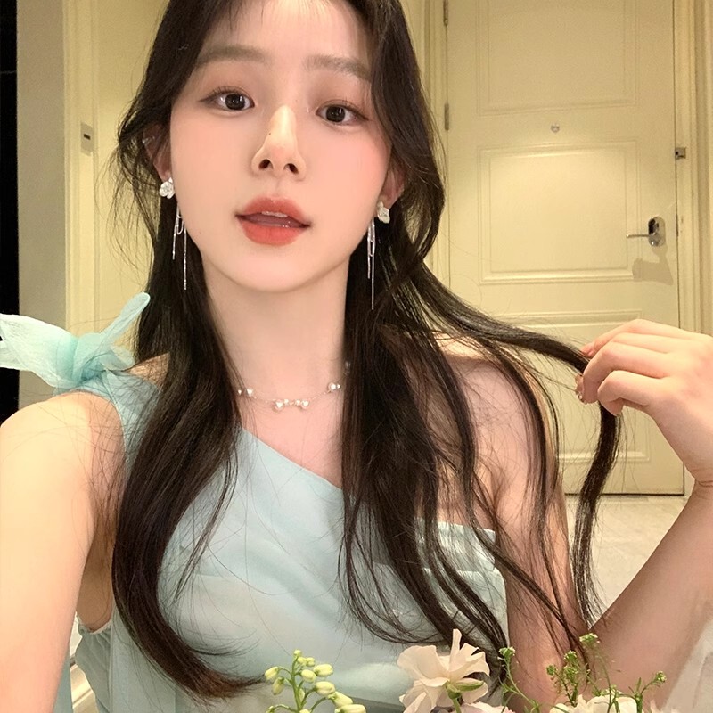 超仙甜美蓝色锆石山茶花流苏耳环女高级感气质耳钉无耳洞耳夹耳饰|undefined