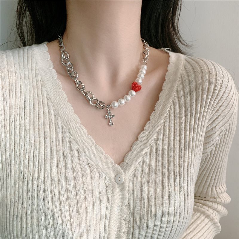 Fashion New Style Simple Cross Red Love Pearl Necklace display picture 7