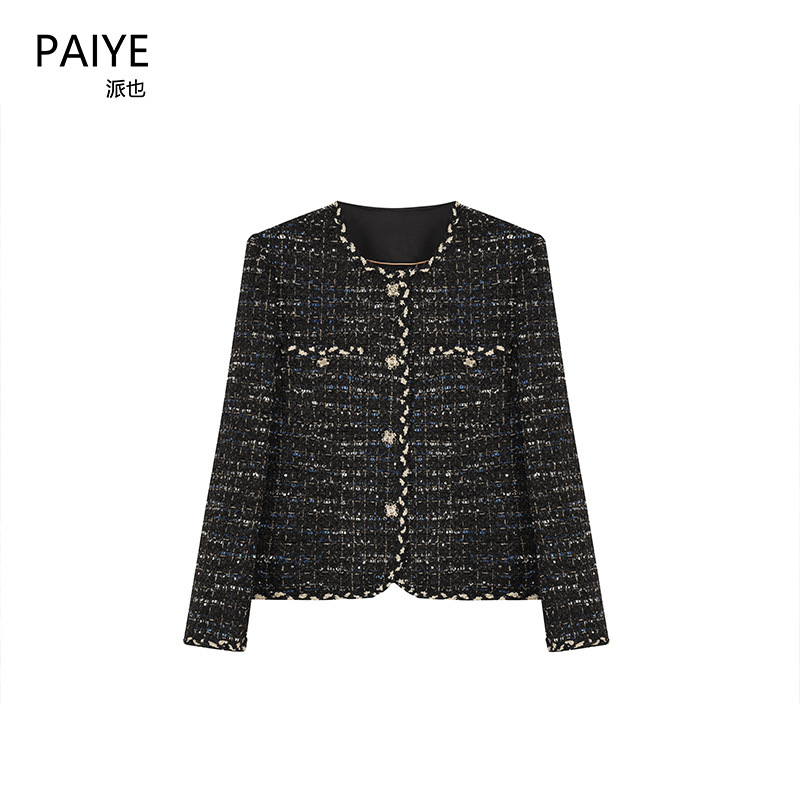 French-Style Black Chanel-Inspired Jacket for Women with Lace, Heavy-Duty Blended Woven Tweed, Socialite Temperament Top A71337