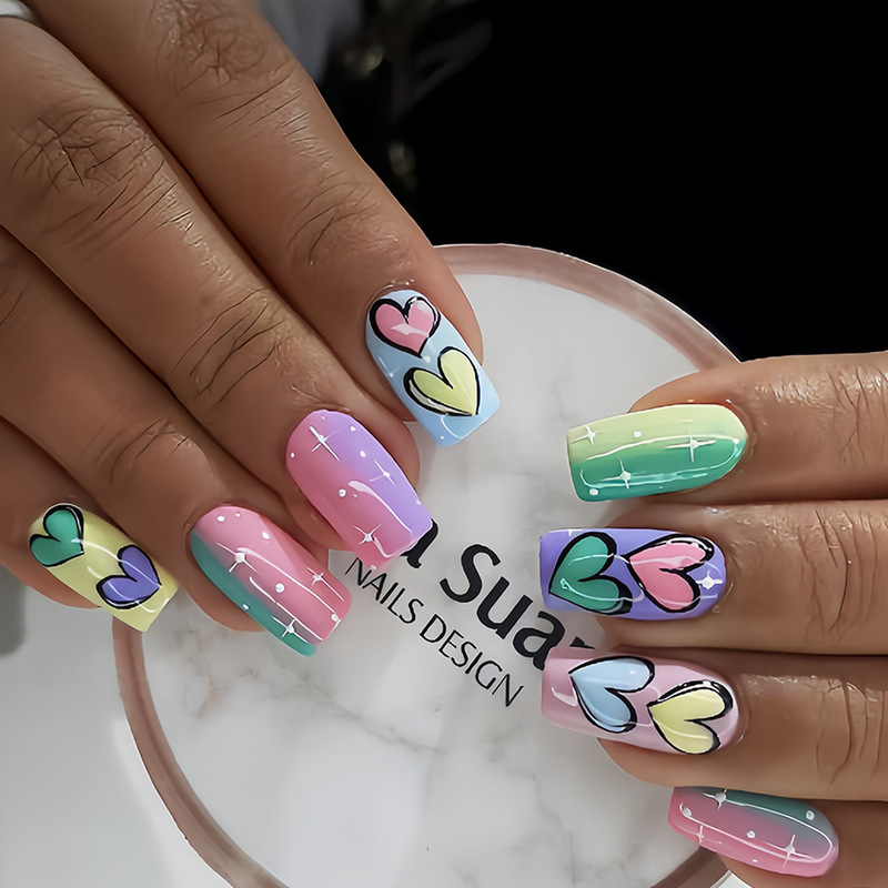 Valentine's Day Style Dopamine Color Pink Blue Green Purple Heart Star Polka Dot Design Wearable Nails