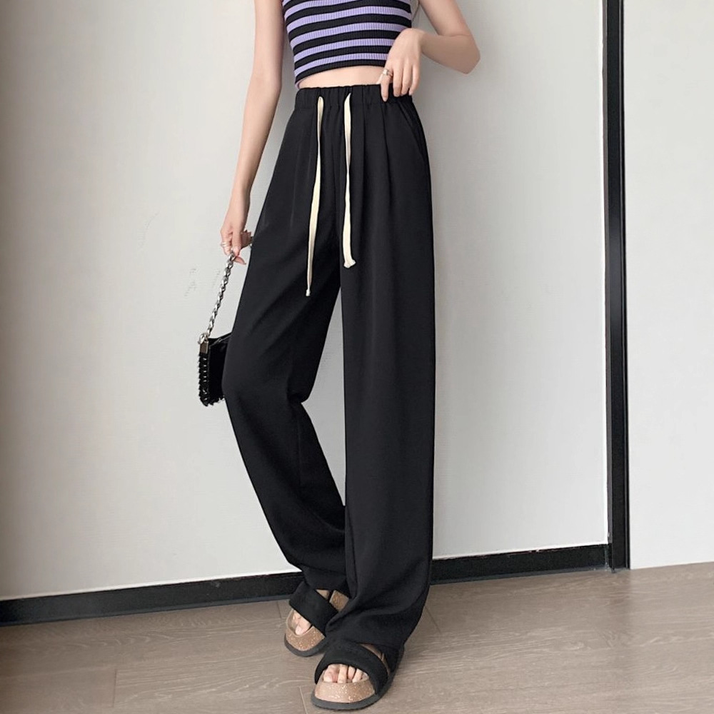 Ins Hong Kong estilo de verano coreano cintura alta cuerda de dibujo colgante sensación casual cintura elástica pantalones de mujer pantalones rectos pantalones de mujer image 4