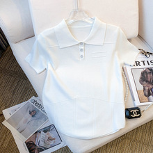 实拍现货 韩版春夏季新款设计感polo领白色短袖T恤冰丝针织上衣女