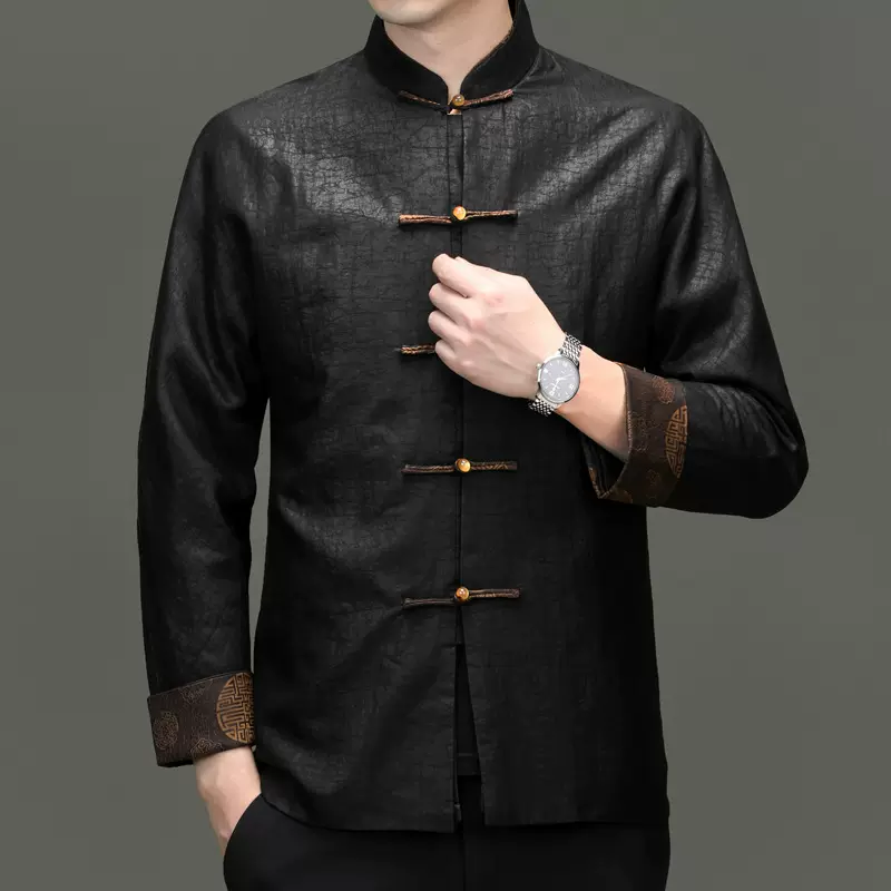 龟裂纹香云纱真丝唐装可脱卸桑蚕丝内胆加厚保暖中国风冬装外套男