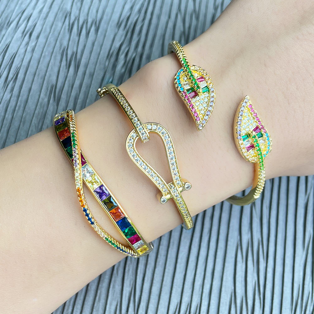 Fashion Leaf Copper Bangle Gold Plated Zircon Copper Bracelets