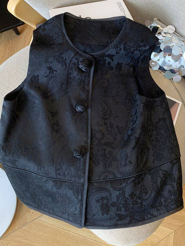 Áo ghi lê nữ dáng cardigan không tay họa tiết hoa jacquard, dài áo 50–65 cm — màu đen