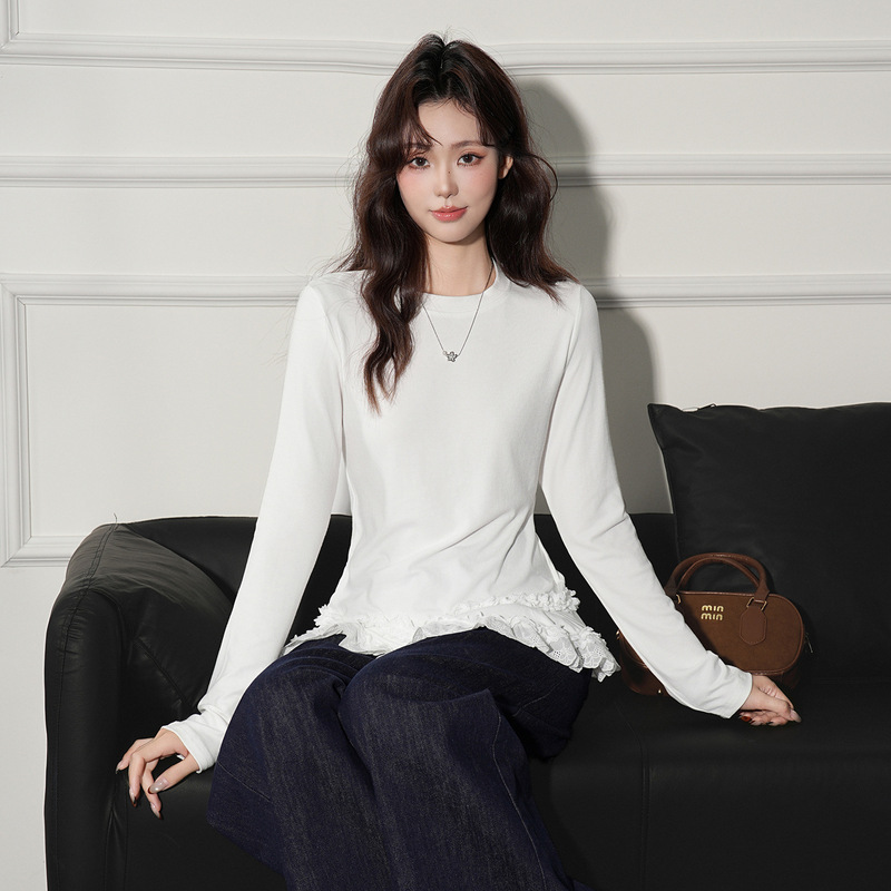 季优 白色圆领蕾丝花边拼接长袖T恤女2025秋季甜妹修身打底衫上衣|undefined