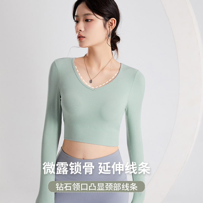 2025年新款女春夏高彈舒適修身帶胸墊桃心領休閒短款正肩露臍長袖