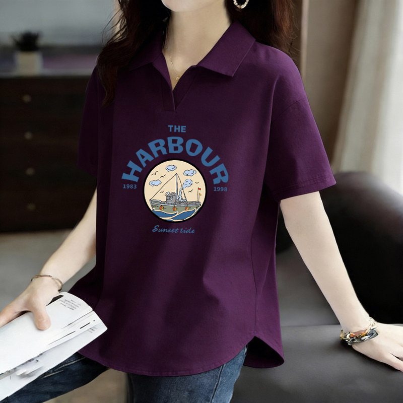 Summer women's pure cotton polo collar V-neck letter print short-sleeve T-shirt