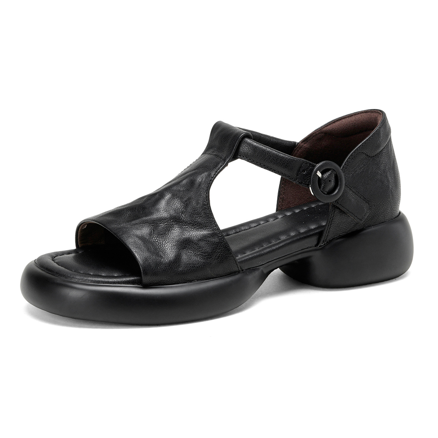 Sandal nữ da cừu mềm đế dày hở mũi, quai chữ T, gót thấp 3 cm, dán ma thuật — Vàng nâu