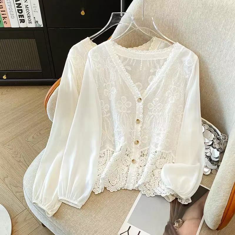French Lace Hollow Crochet Shirt Cardigan New Design Retro Long-Sleeved Spliced ​​Chiffon Top